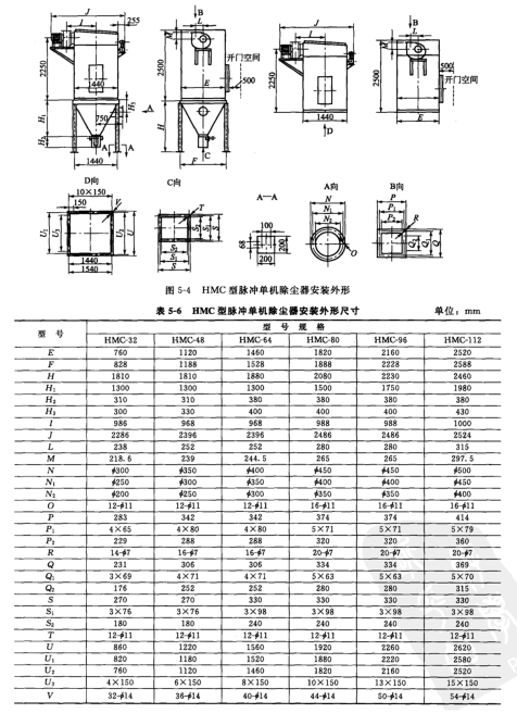 HMC型脈沖單機(jī)除塵器安裝外形
